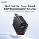 Yesido hurtiglader med digitalt display USB-C og USB-A 60W - Svart thumbnail