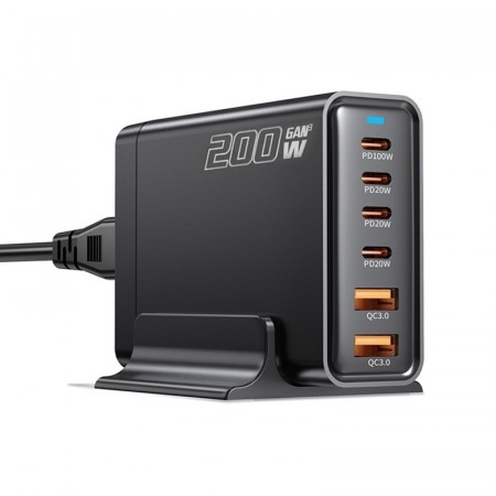 GaN 200W USB ladestasjon 6 Porter 4xUSB-C, 2xUSB-A - Svart