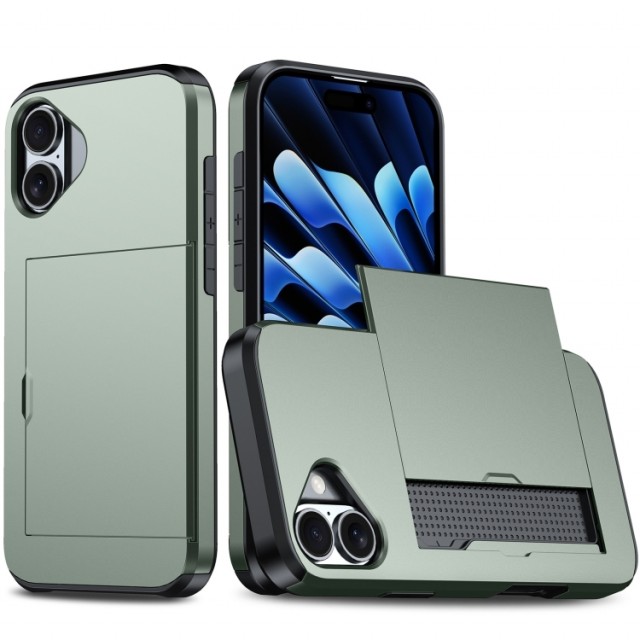 Hybrid TPU + PC Deksel plass til kort iPhone 16 Plus grønn