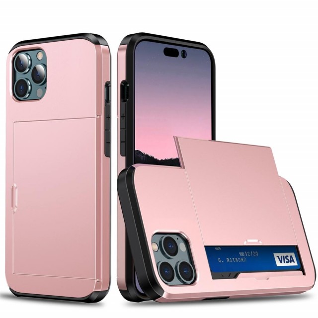 Hybrid TPU + PC Deksel plass til kort iPhone 14 Pro Roségull