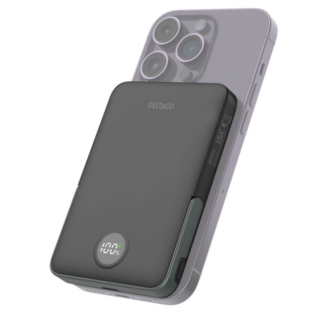 Deltaco magnetisk trådløs powerbank med stativ 5000mAh - Svart